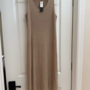 Elegant Linen Blend Tan Sleeveless Dress (Size Petite Medium)